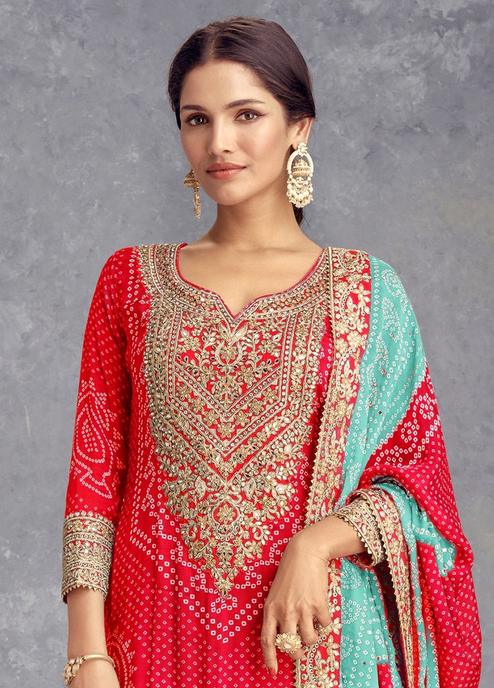 3 Pc Red Semi Stitched Silk Suit Set Online Online Cheap Pice