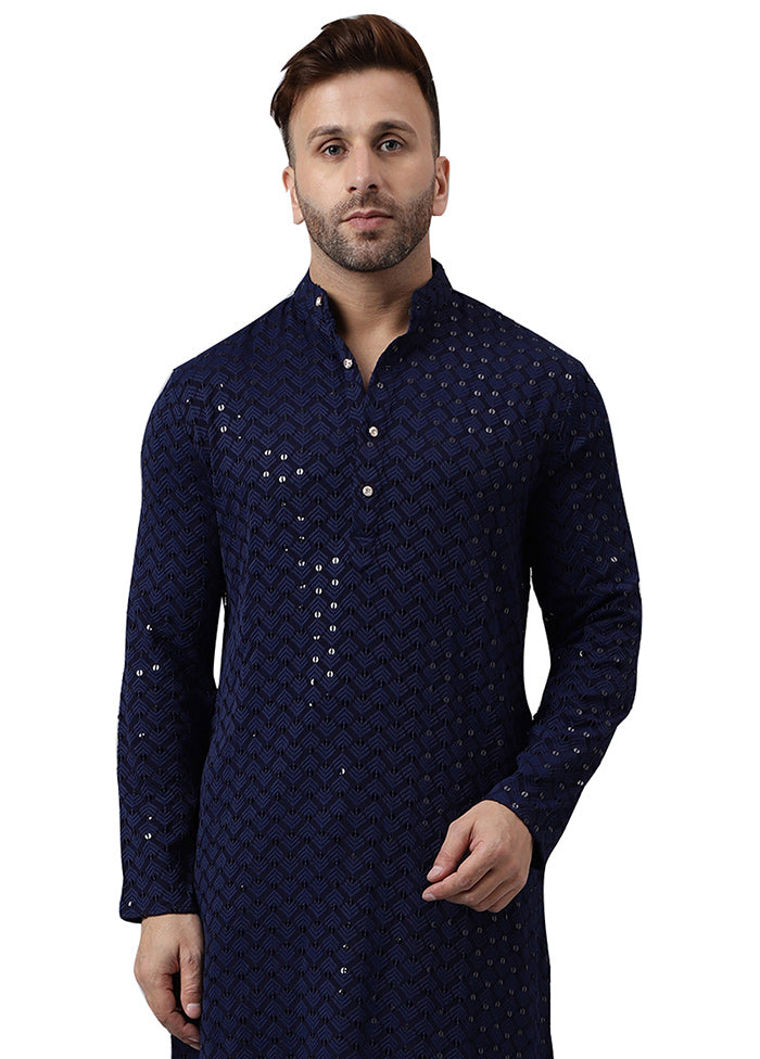 Navy Blue Silk Embroidered Kurta Outlet Manchester Great Sale