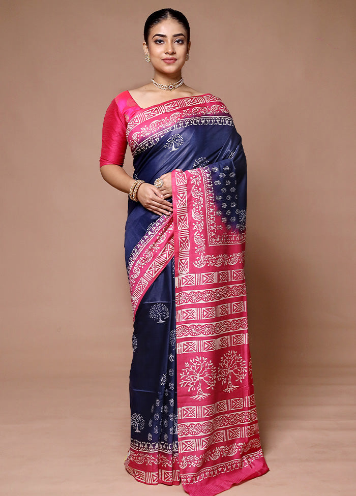 Blue Printed Silk Saree Without Blouse Piece Clearance Nicekicks