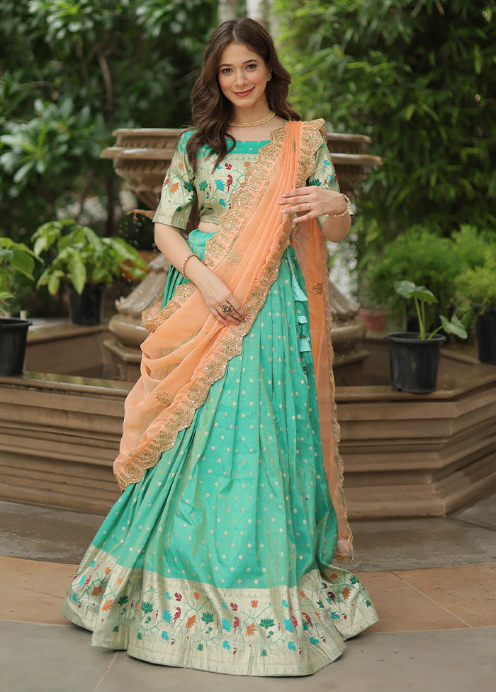 3 Pc Sea Green Silk Semi Stitched Lehenga Set Pay With Paypal Online