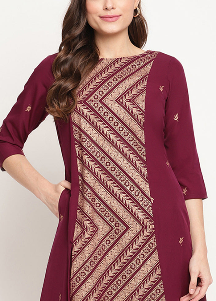 2 Pc Wine Readymade Silk Kurti Set Fashionable For Sale