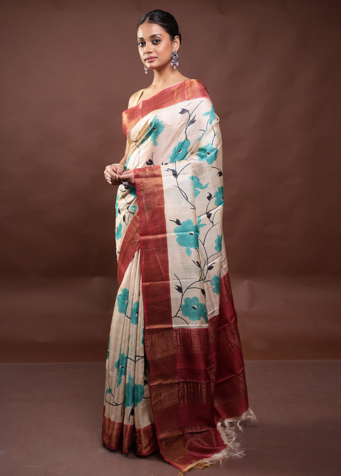 Cream Handloom Tussar Pure Silk Saree With Blouse Piece Sale Footlocker Pictures