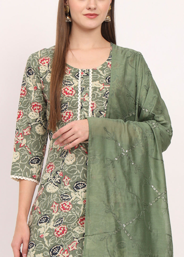 3 Pc Green Readymade Cotton Dupatta Suit Set Sale With Paypal