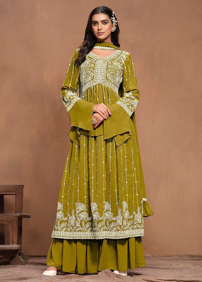 3 Pc Green Semi Stitched Georgette Suit Set Discount Official Site