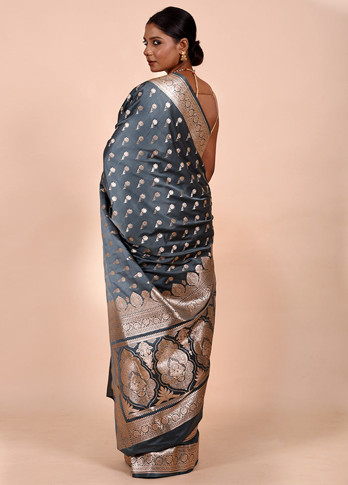 Grey Banarasi Silk Saree With Blouse Piece Free Shipping Limited Edition