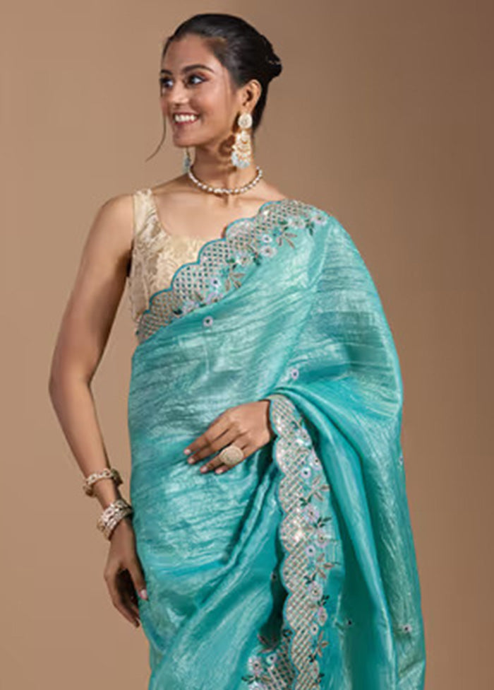 Teal Spun Silk Saree With Blouse Piece Free Shipping 2025 Unisex