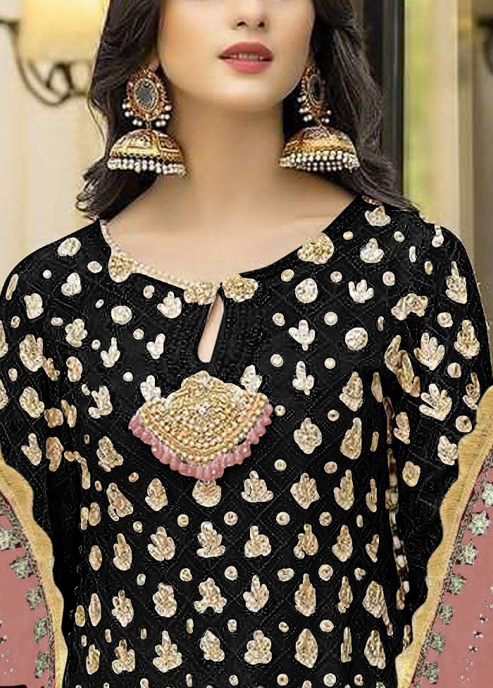 3 Pc Black Semi Stitched Georgette Suit Set Inexpensive