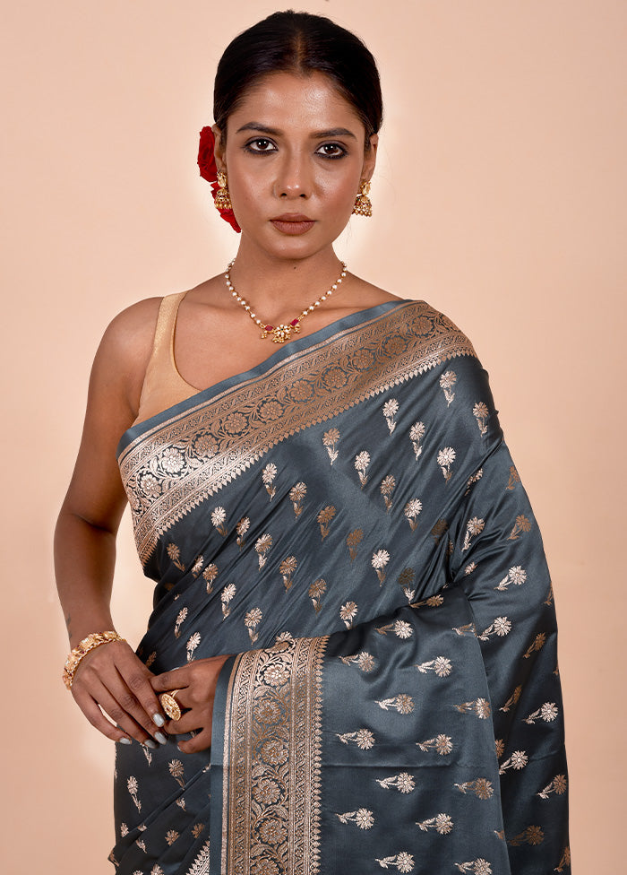 Grey Banarasi Silk Saree With Blouse Piece Free Shipping Limited Edition