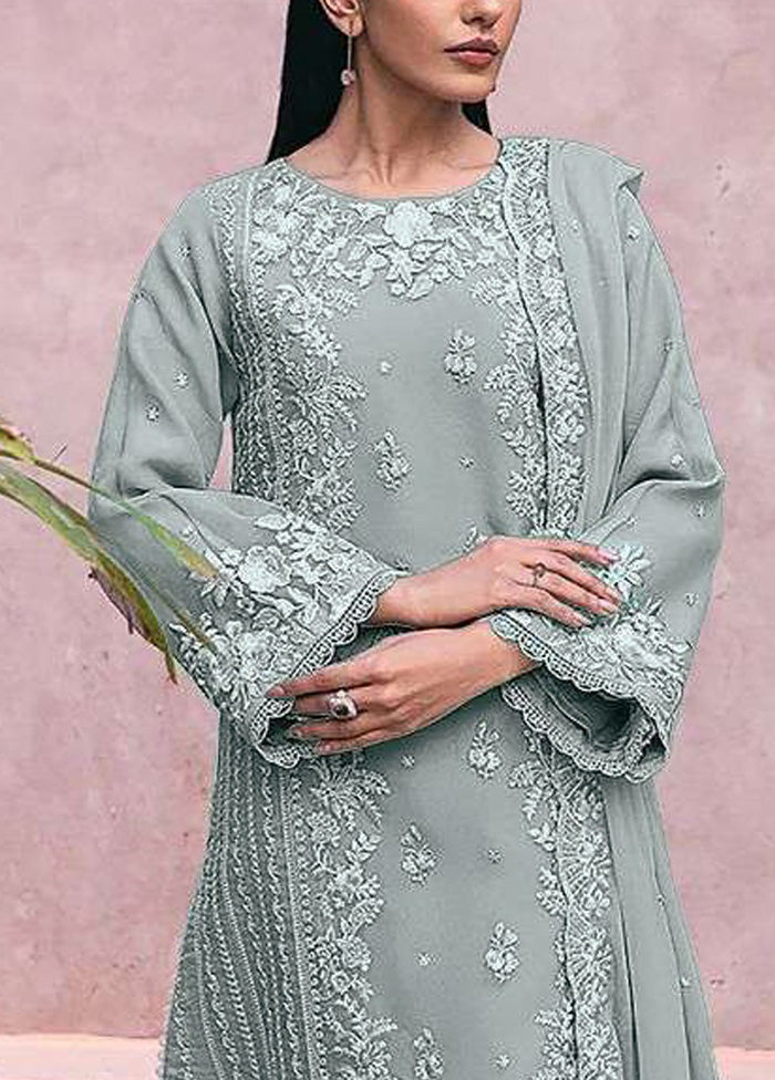 3 Pc Grey Semi Stitched Georgette Suit Set Deals Cheap Pice