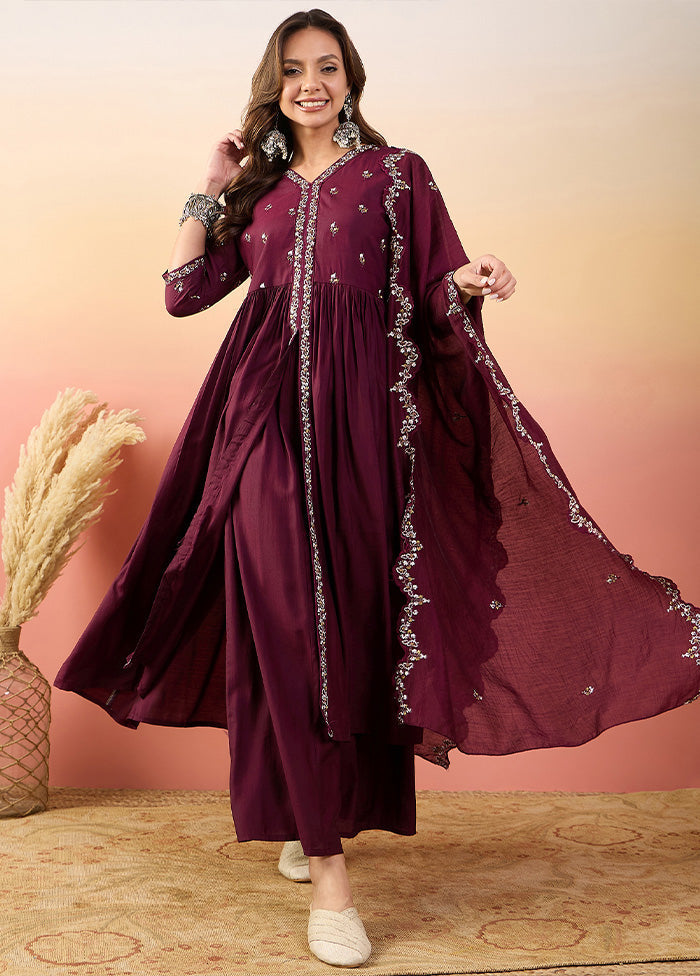 3 Pc Maroon Pure Readymade Silk Suit Set Cheap Sale 2025