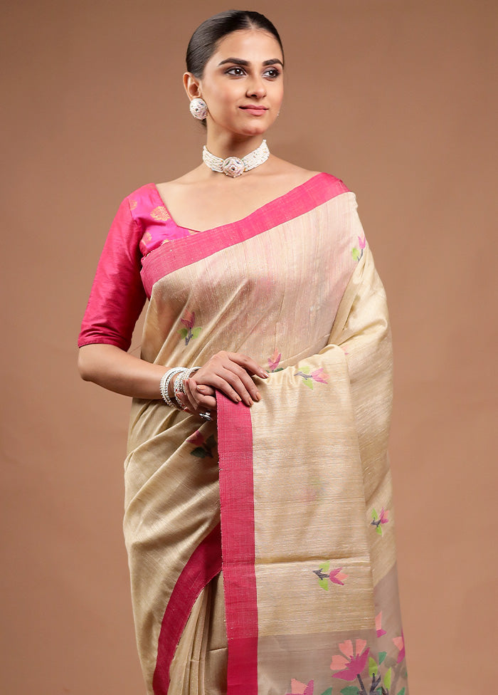 Cream Handloom Tussar Pure Silk Saree With Blouse Piece Discount Wholesale