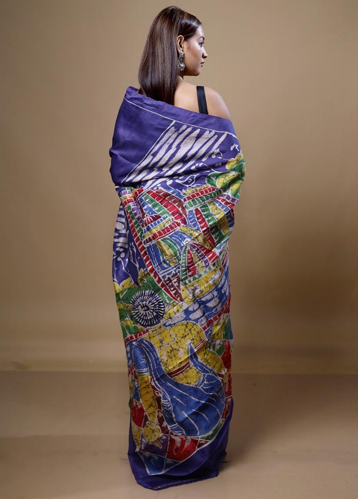 Blue Printed Pure Silk Saree Without Blouse Piece Clearance Manchester Great Sale