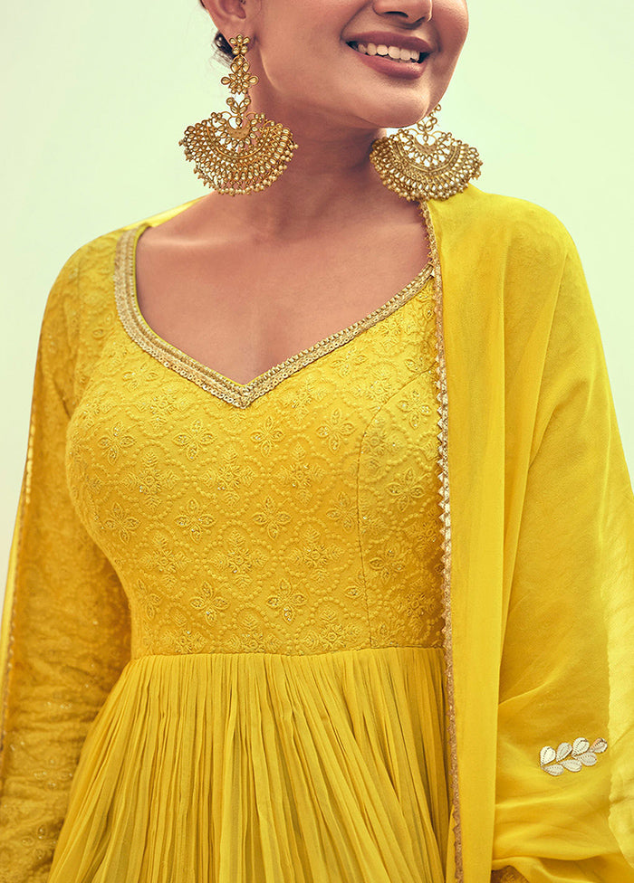 3 Pc Yellow Semi Stitched Georgette Suit Set Discount Visit New