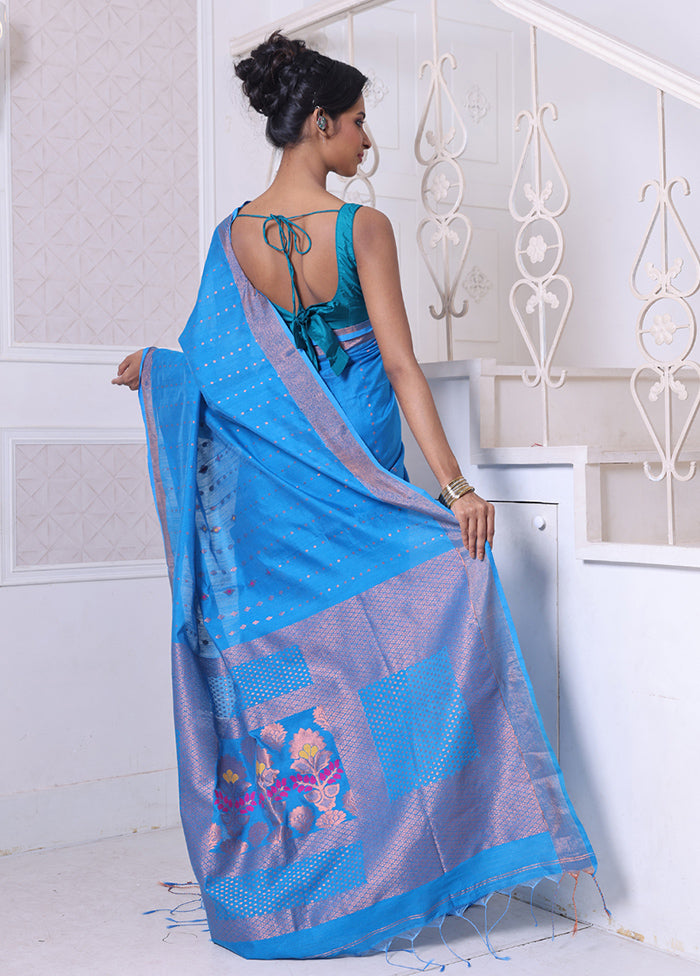 Sky Blue Pure Cotton Saree With Blouse Piece Sale Good Selling