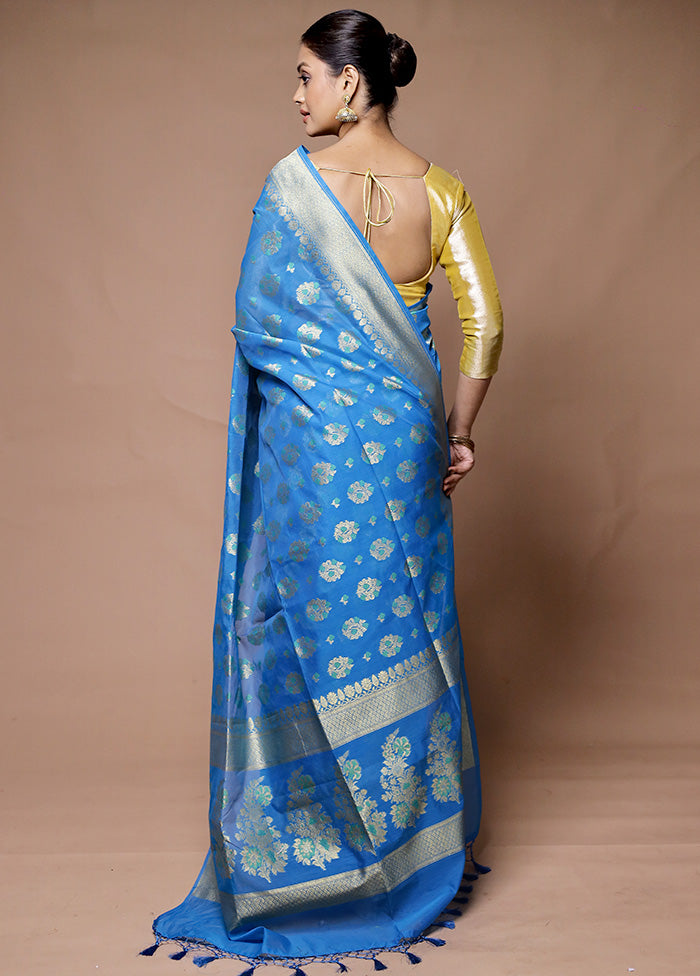 Blue Kora Silk Saree With Blouse Piece Cheap Sale Really