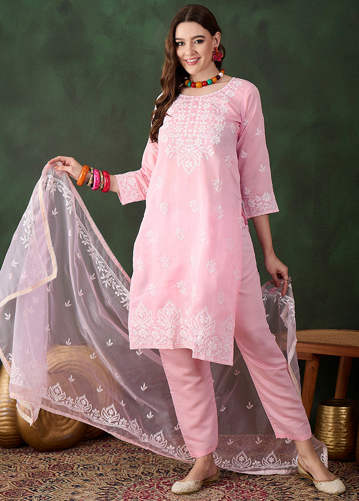 3 Pc Baby Pink Readymade Silk Dupatta Suit Set Sale For Nice