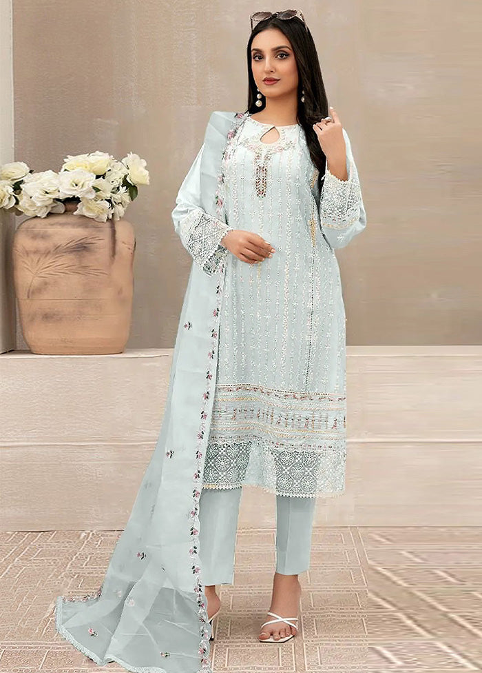 3 Pc Sky Blue Semi Stitched Georgette Suit Set Outlet The Cheapest