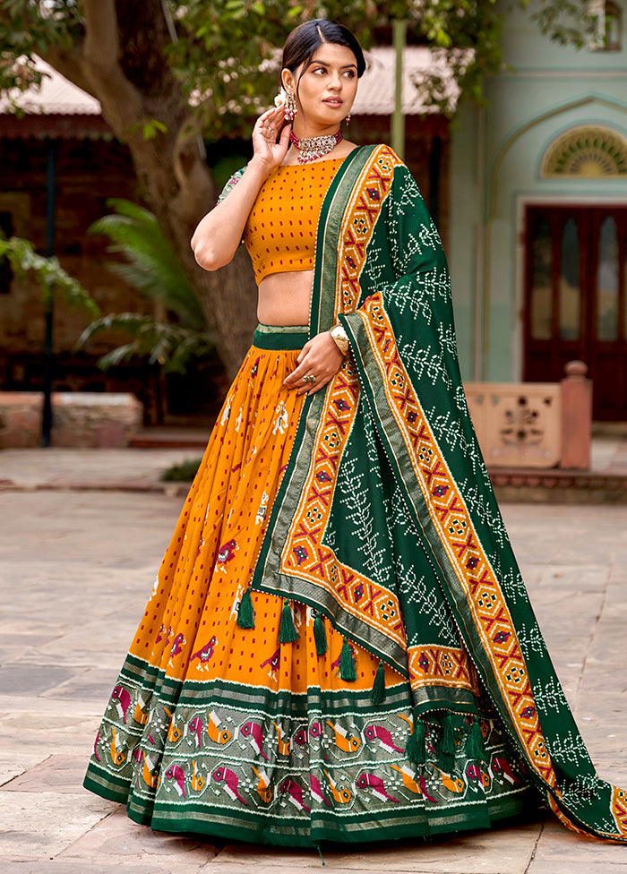 3 Pc Mustard Silk Semi Stitched Lehenga Set Best Seller For Sale