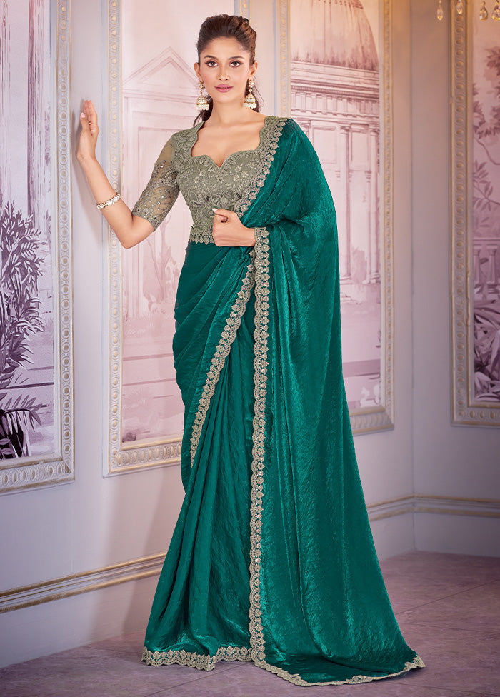 Green Satin Silk Saree With Blouse Piece Buy Cheap Visit New