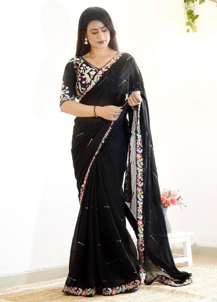 Black Spun Silk Saree With Blouse Piece Perfect