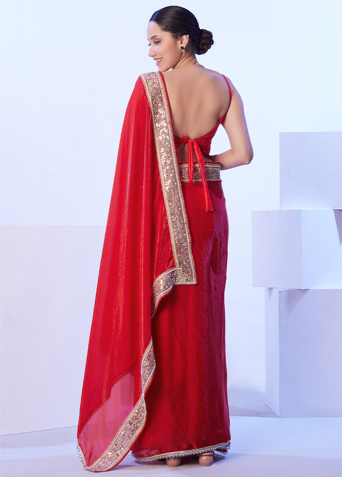 Red Satin Silk Saree With Blouse Piece Clearance Order