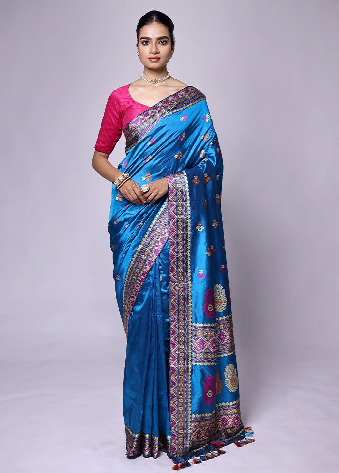 Blue Handloom Assam Pure Silk Saree With Blouse Piece Clearance Low Shipping