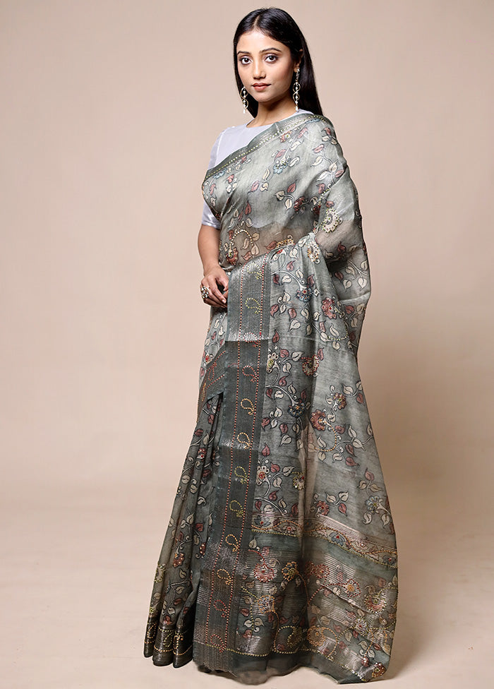 Grey Tussar Silk Saree With Blouse Piece Sale Cheap Pice