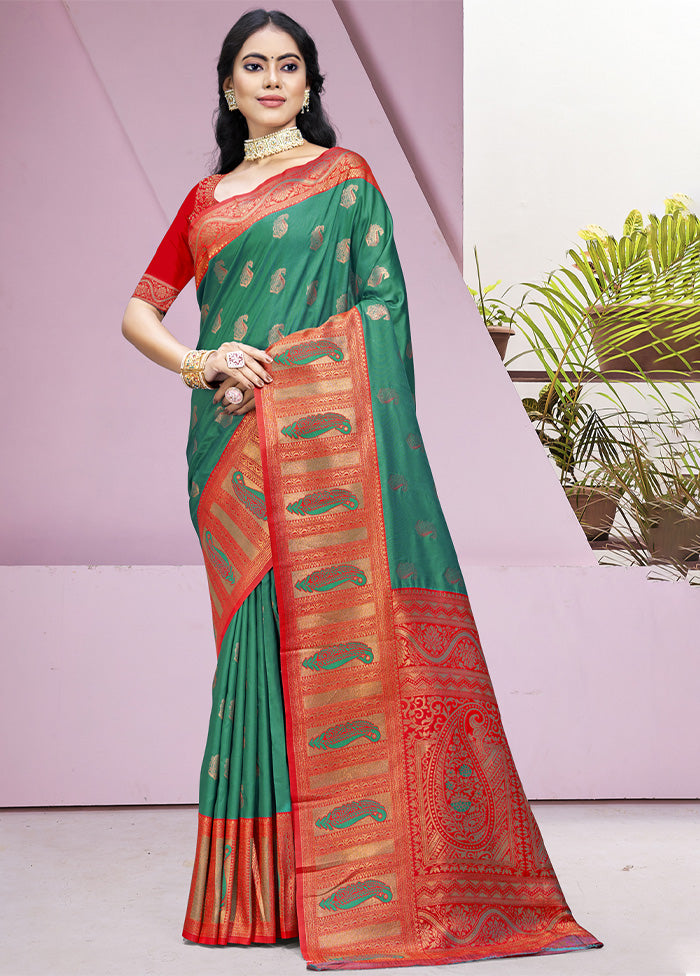 Green Dupion Silk Saree With Blouse Piece Cheap Sale Footlocker Pictures