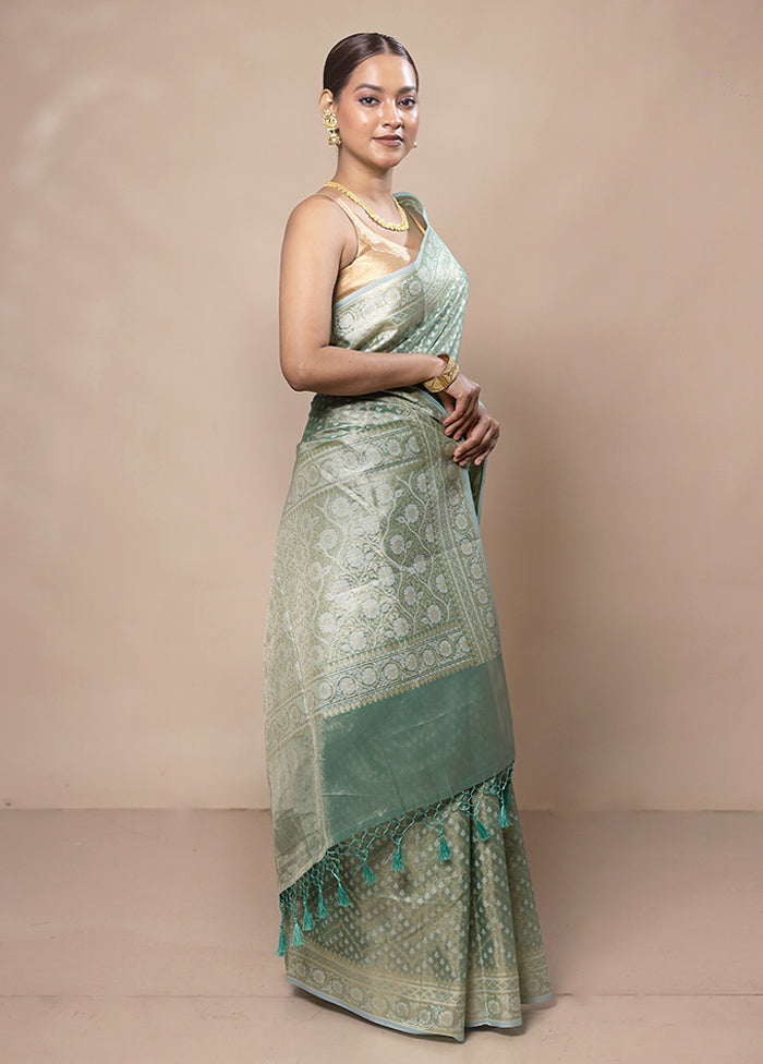 Green Tissue Silk Saree With Blouse Piece 100% Original