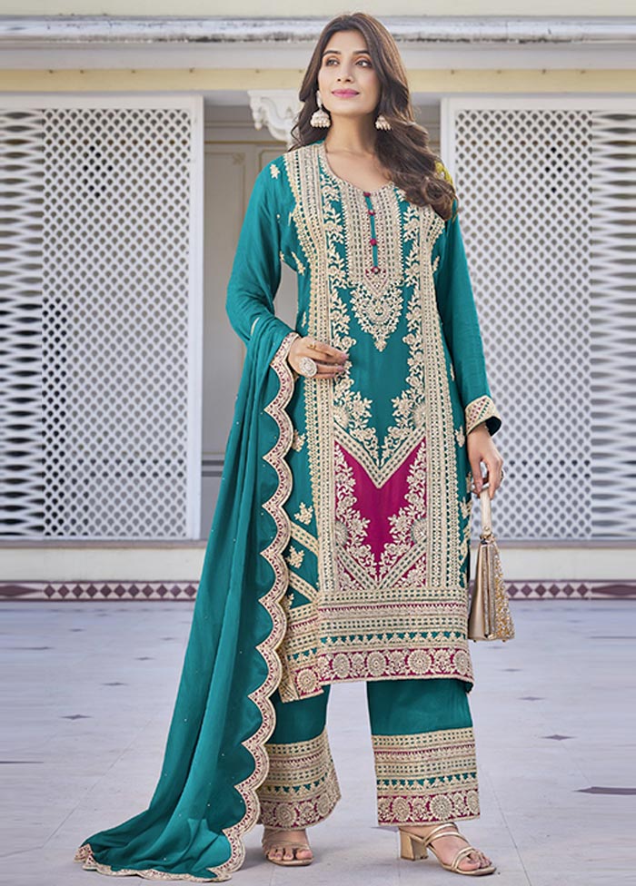 3 Pc Blue Semi Stitched Silk Suit Set Outlet Discount Sale