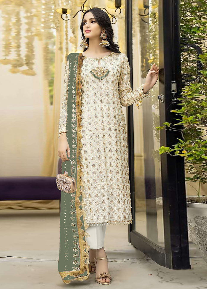 3 Pc Cream Semi Stitched Georgette Suit Set With Mastercard Cheap Online