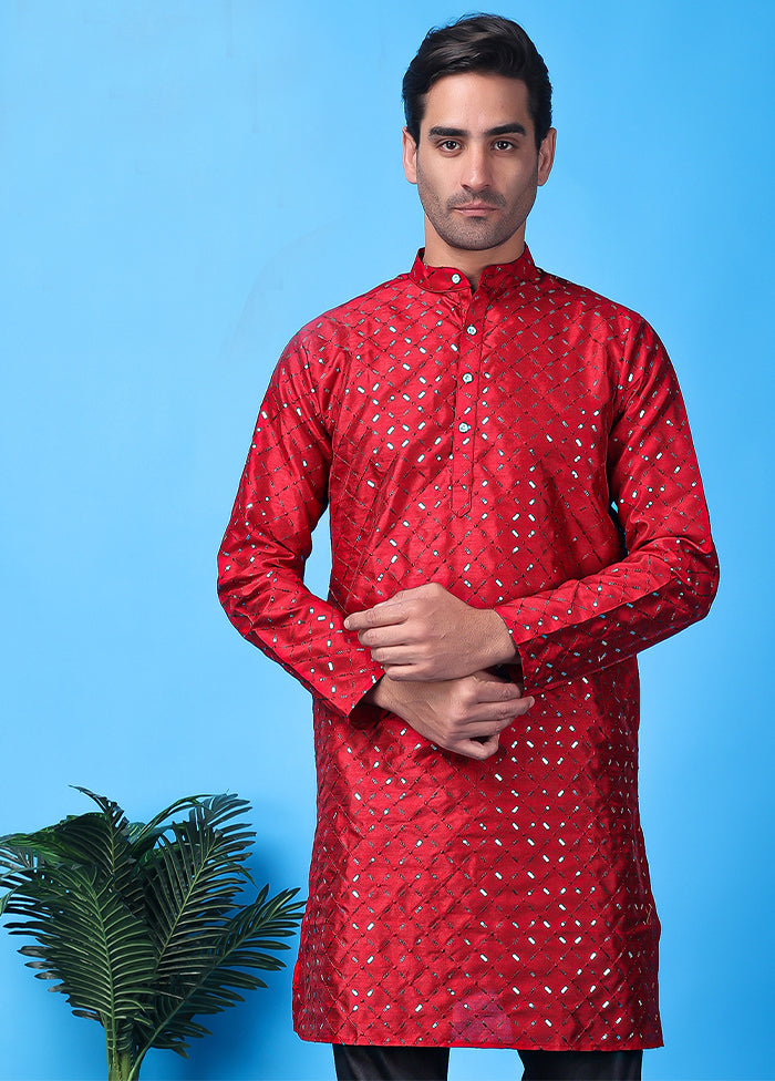 Red Silk Embroidered Knee Length Kurta Cheap Free Shipping