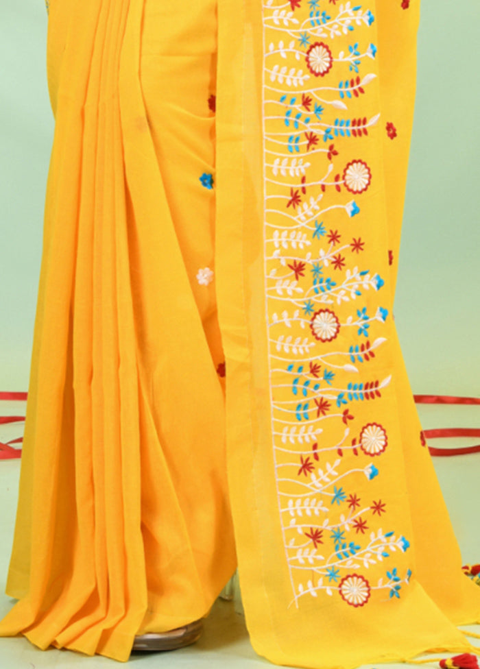 Yellow Cotton Saree With Blouse Piece Discount Hot Sale