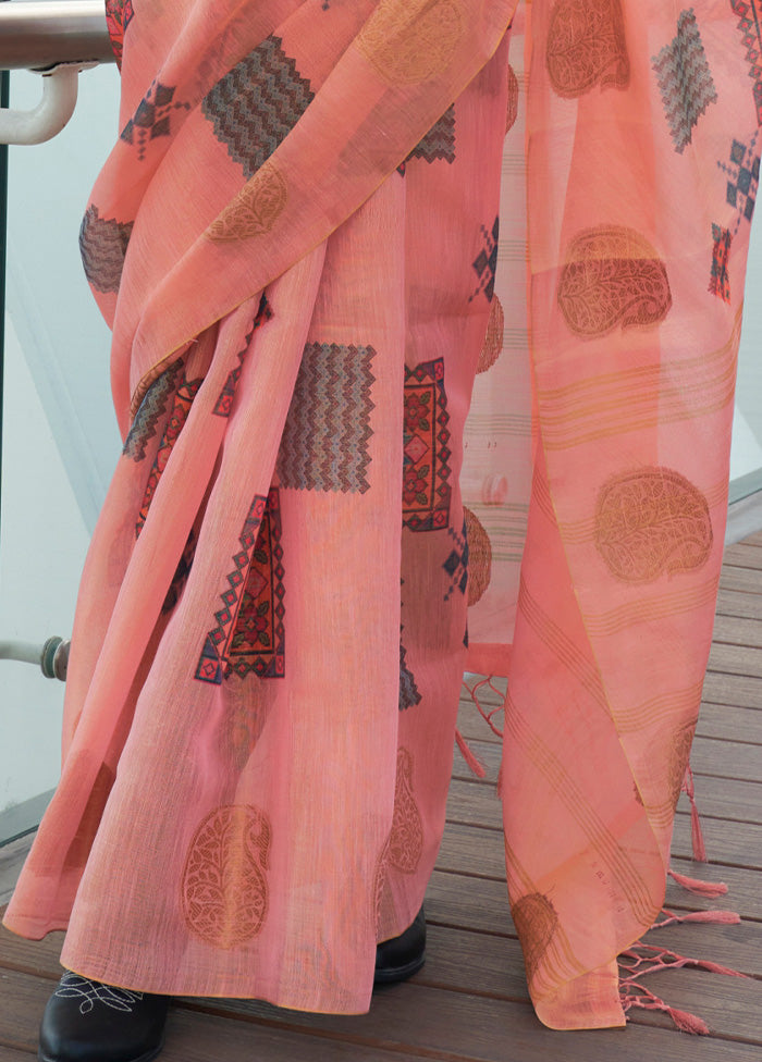 Peach Spun Silk Saree With Blouse Piece Clearance Wide Range Of