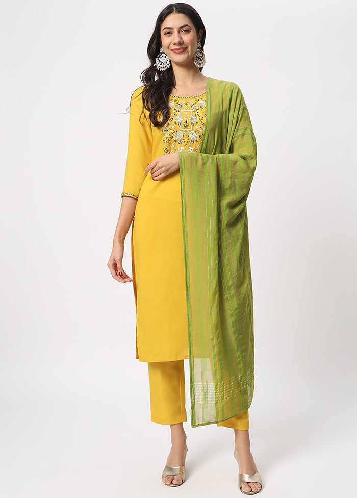 3 Pc Yellow Readymade Cotton Dupatta Suit Set Professional Online