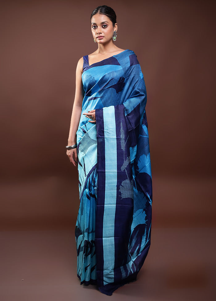 Blue Printed Pure Silk Saree Without Blouse Piece Discount Recommend