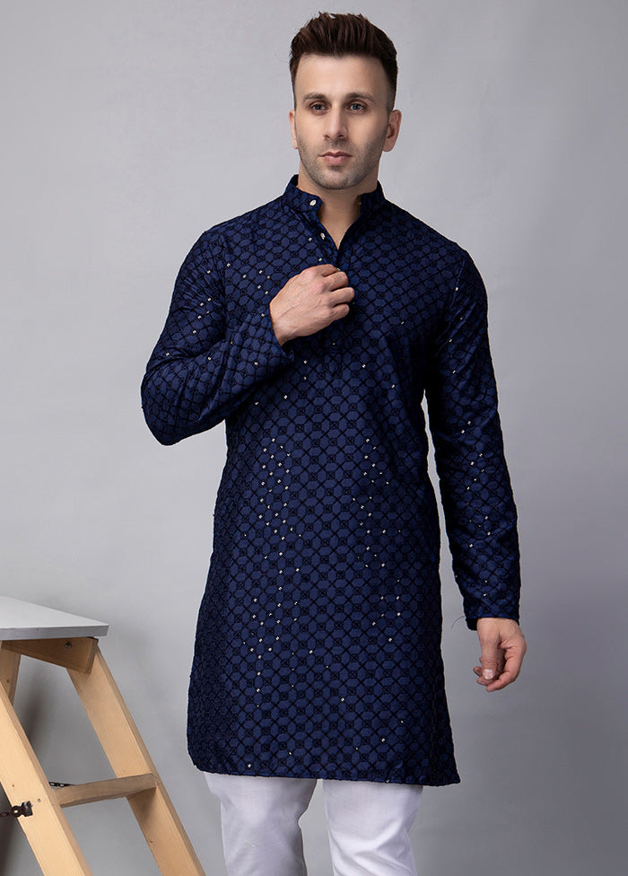 2 Pc Navy Blue Viscose Kurta Pajama Set Cheap Sale Professional