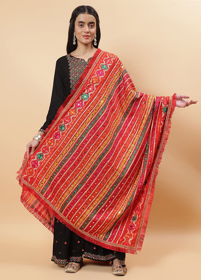 Red Chinon Phulkari Work Dupatta Cheap Sale New Arrival