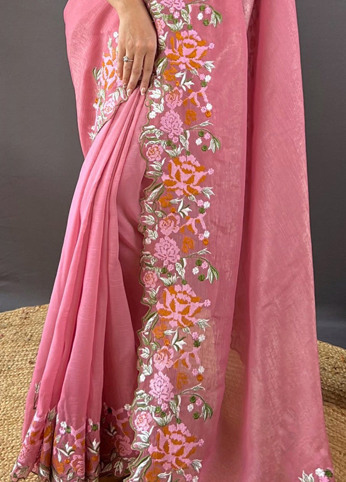 Pink Spun Silk Saree With Blouse Piece Cheapest For Sale