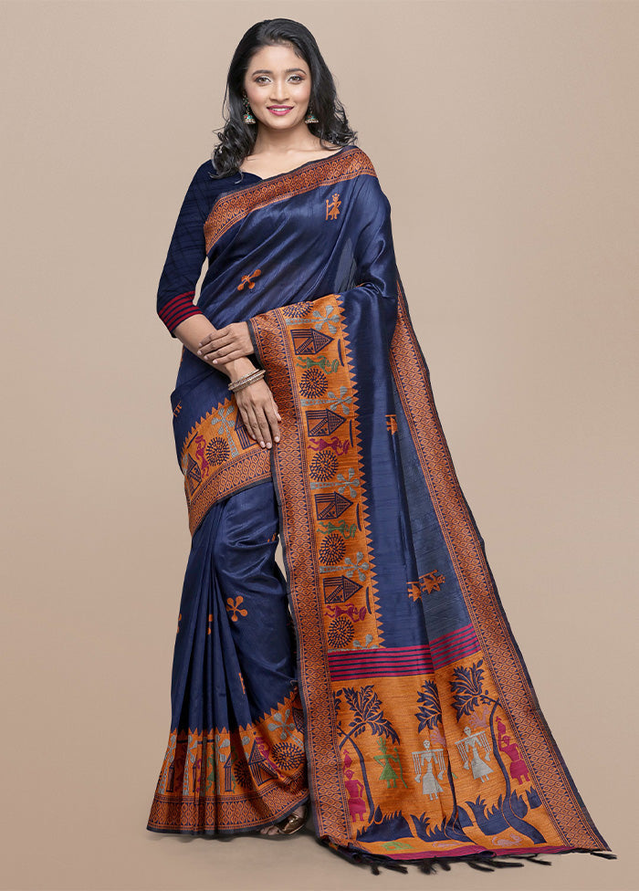 Blue Spun Silk Saree With Blouse Piece 100% Authentic For Sale