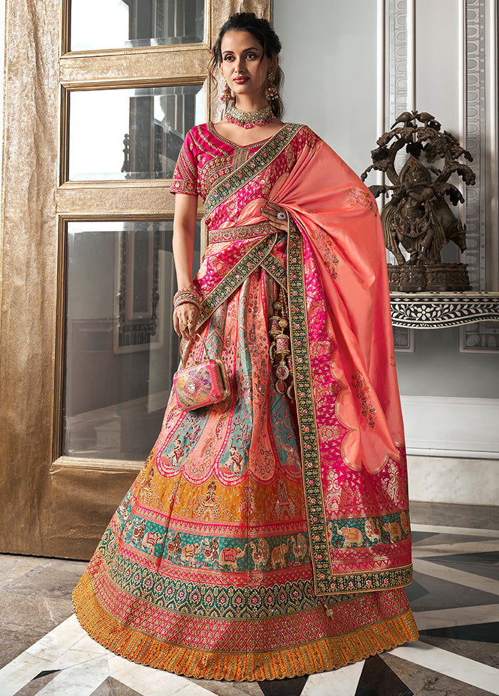 3 Pc Multicolor Silk Semi Stitched Lehenga Set Cheap Online