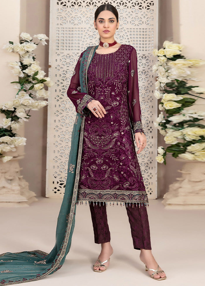 3 Pc Wine Semi Stitched Georgette Suit Set Cheap Sale Best Store To Get