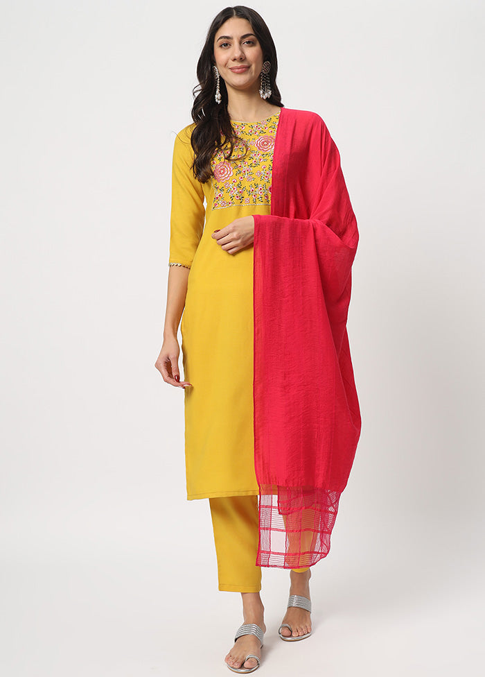 3 Pc Yellow Readymade Cotton Dupatta Suit Set For Sale Online