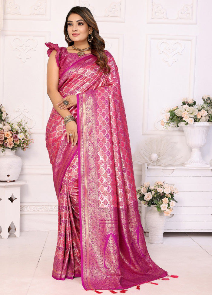 Pink Banarasi Silk Saree With Blouse Piece Cheap Sale Online