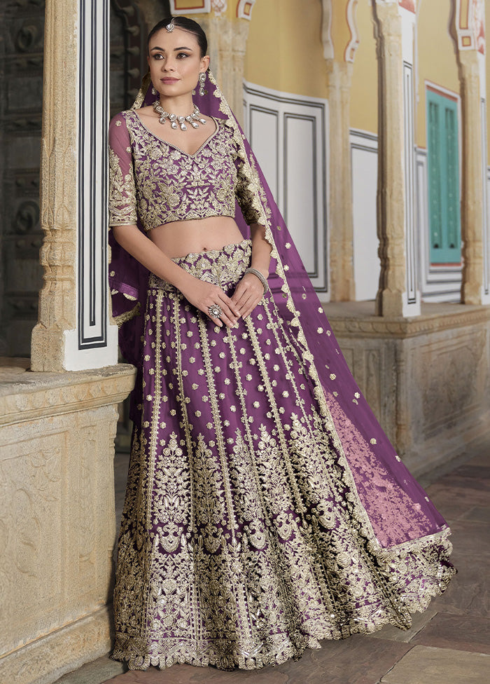 3 Pc Purple Net Semi Stitched Lehenga Set Good Selling Cheap Pice