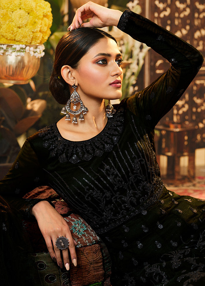 3 Pc Black Semi Stitched Net Suit Set Fashion Style Online