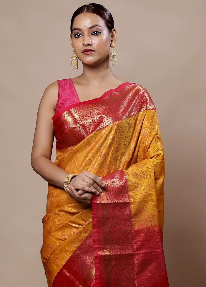 Yellow Kanjivaram Silk Saree With Blouse Piece Outlet Store For Sale