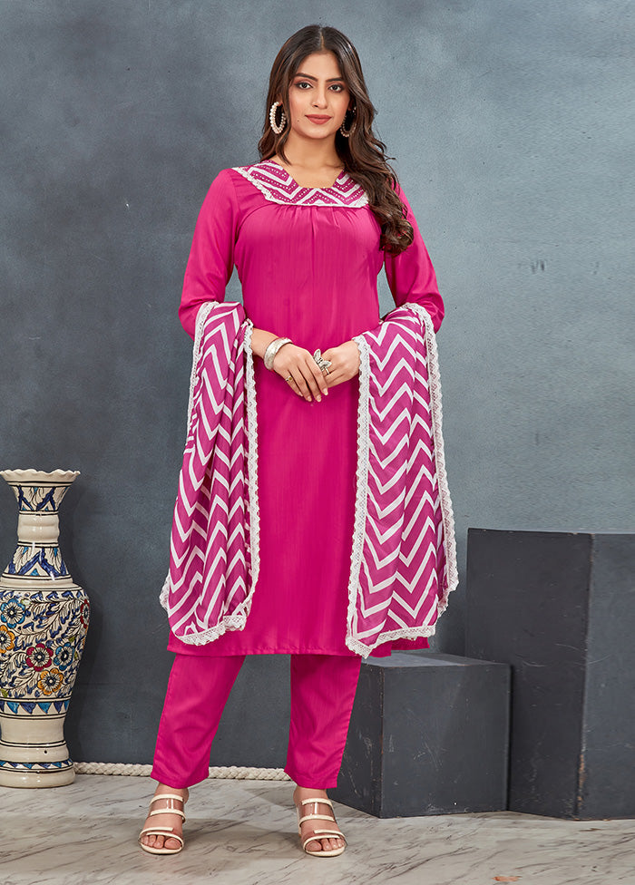 3 Pc Pink Readymade Rayon Dupatta Suit Set Best Seller For Sale