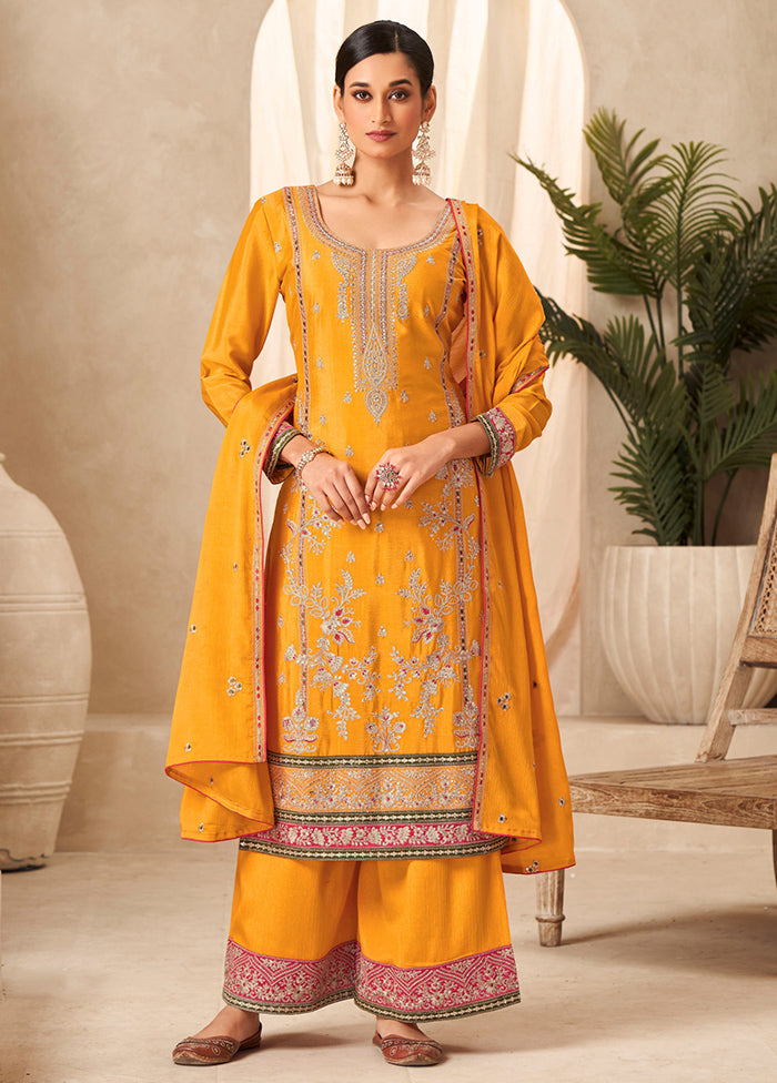 3 Pc Mustard Unstitched Silk Suit Set Sale Best Seller