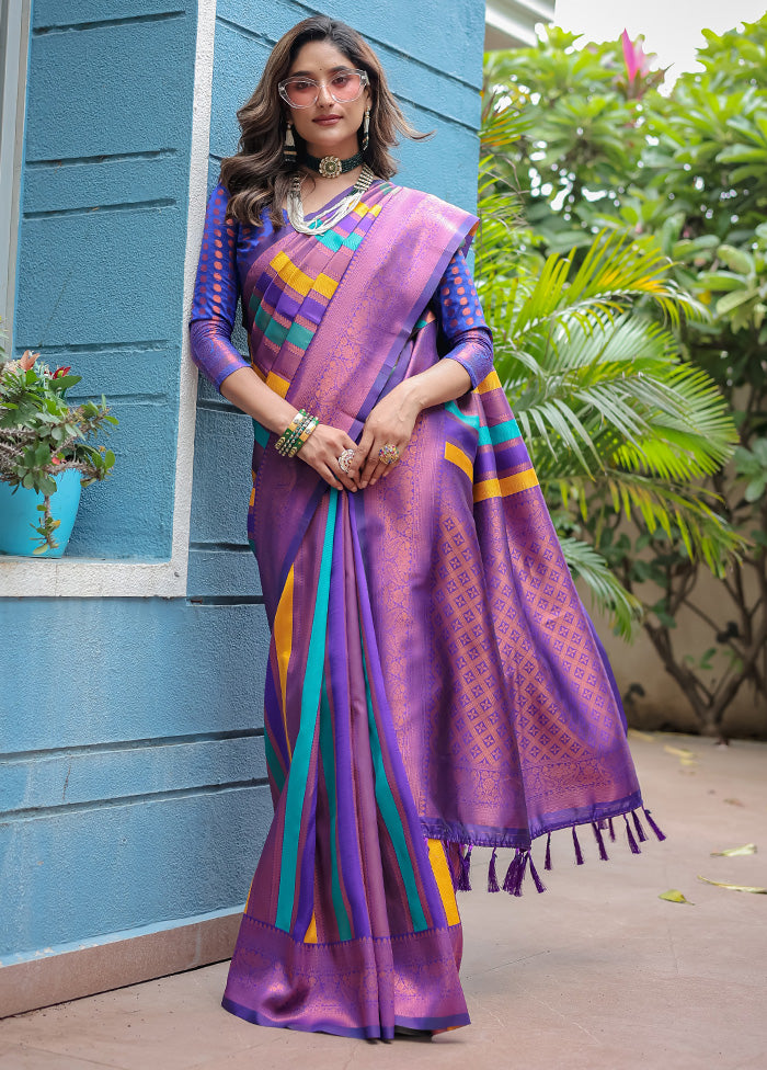 Purple Kanjivaram Silk Saree With Blouse Piece Perfect Cheap Pice